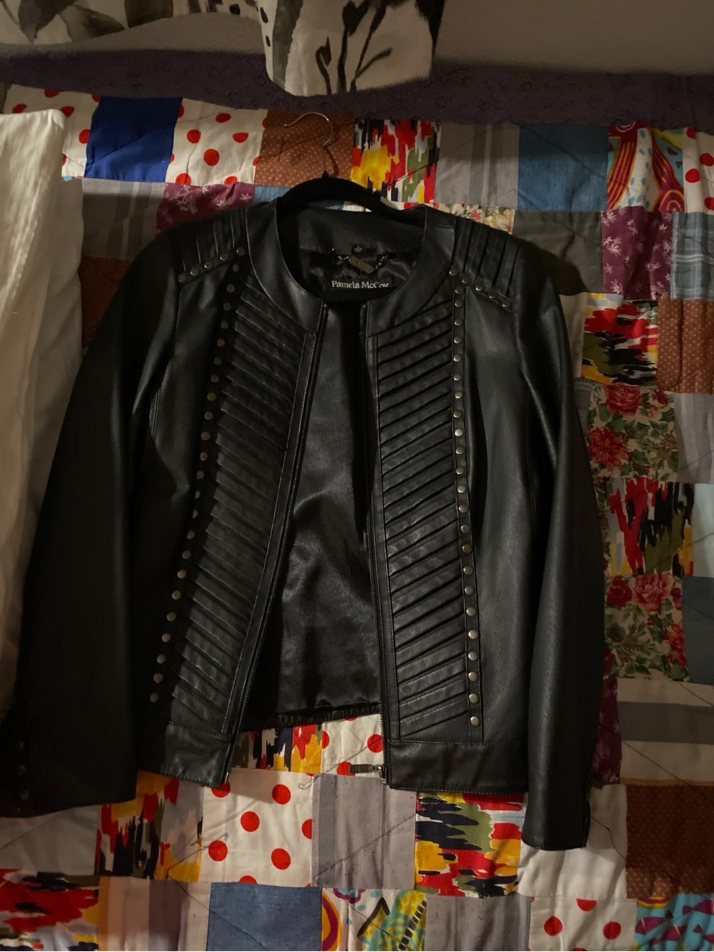 Pamela McCoy Black Faux Leather Quilted-Panel Stud Jacket